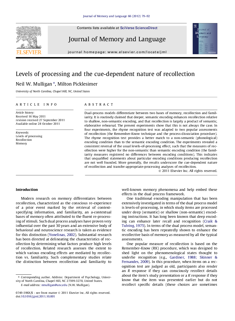 Levels of processing and the cue-dependent nature of recollection