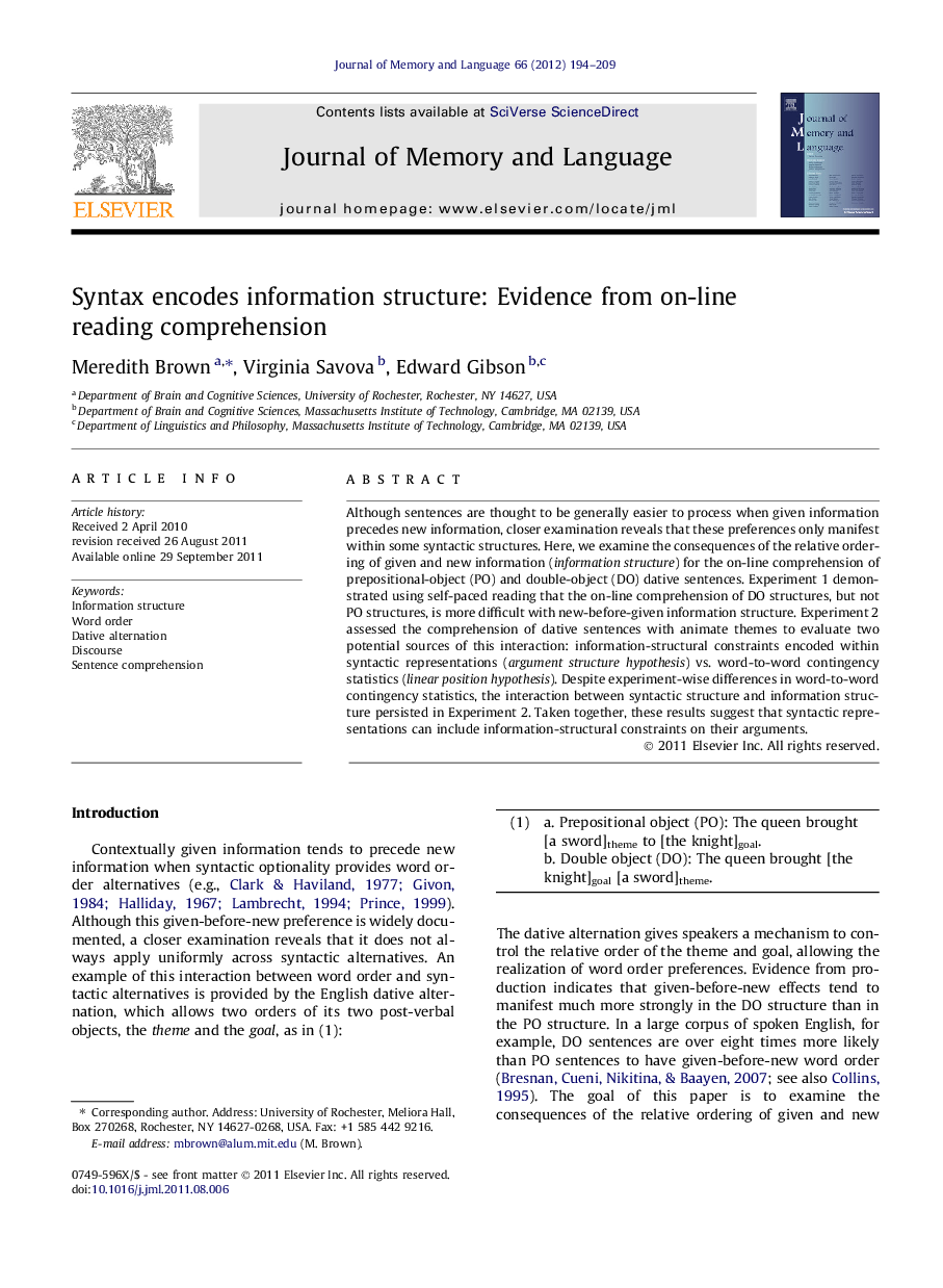 Syntax encodes information structure: Evidence from on-line reading comprehension