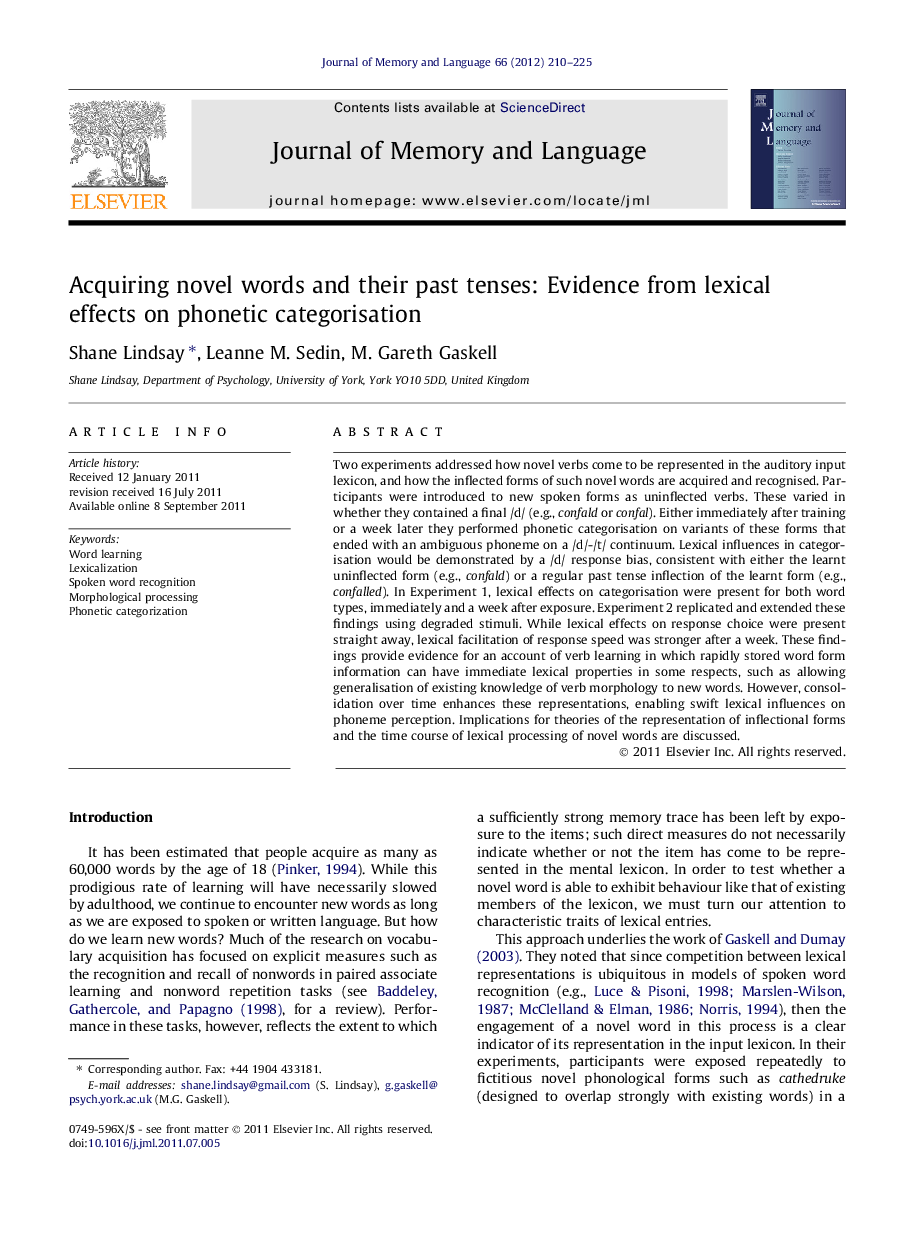 Acquiring novel words and their past tenses: Evidence from lexical effects on phonetic categorisation