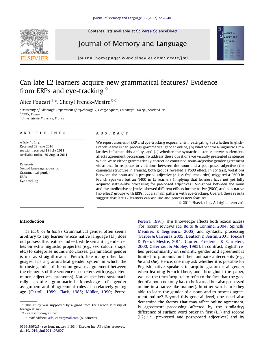 Can late L2 learners acquire new grammatical features? Evidence from ERPs and eye-tracking