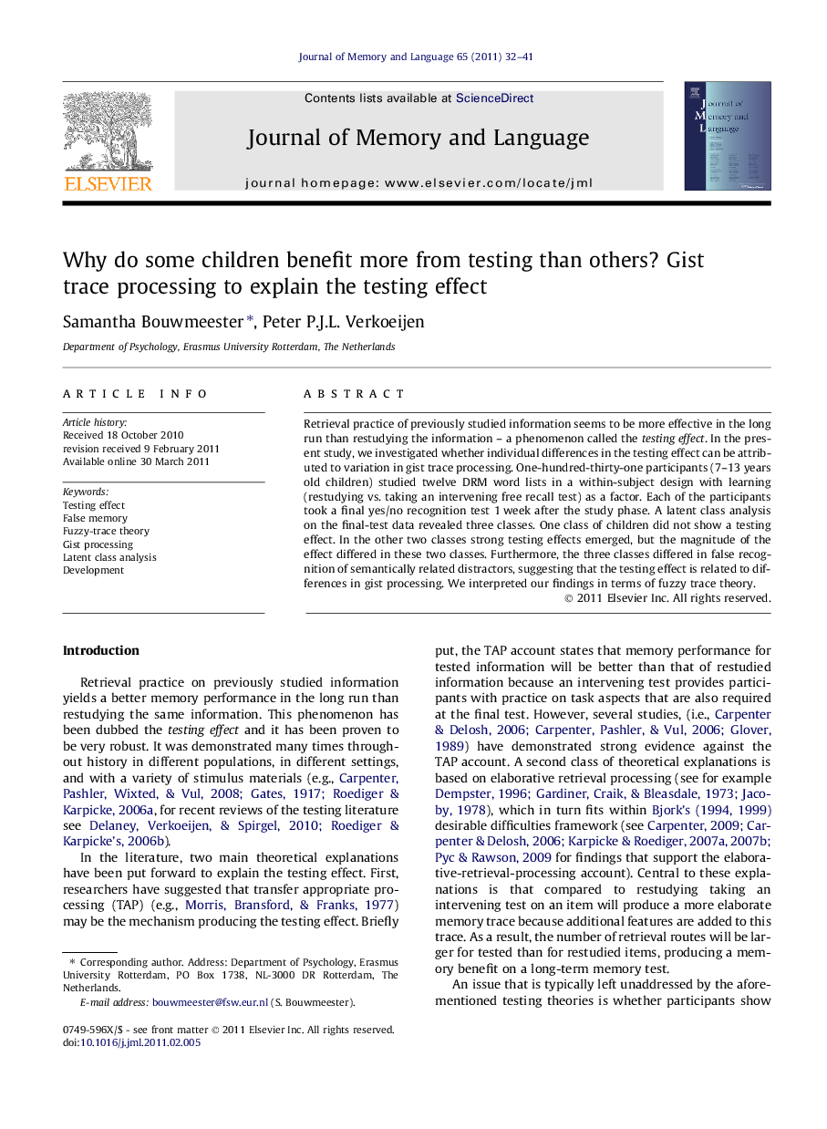 Why do some children benefit more from testing than others? Gist trace processing to explain the testing effect