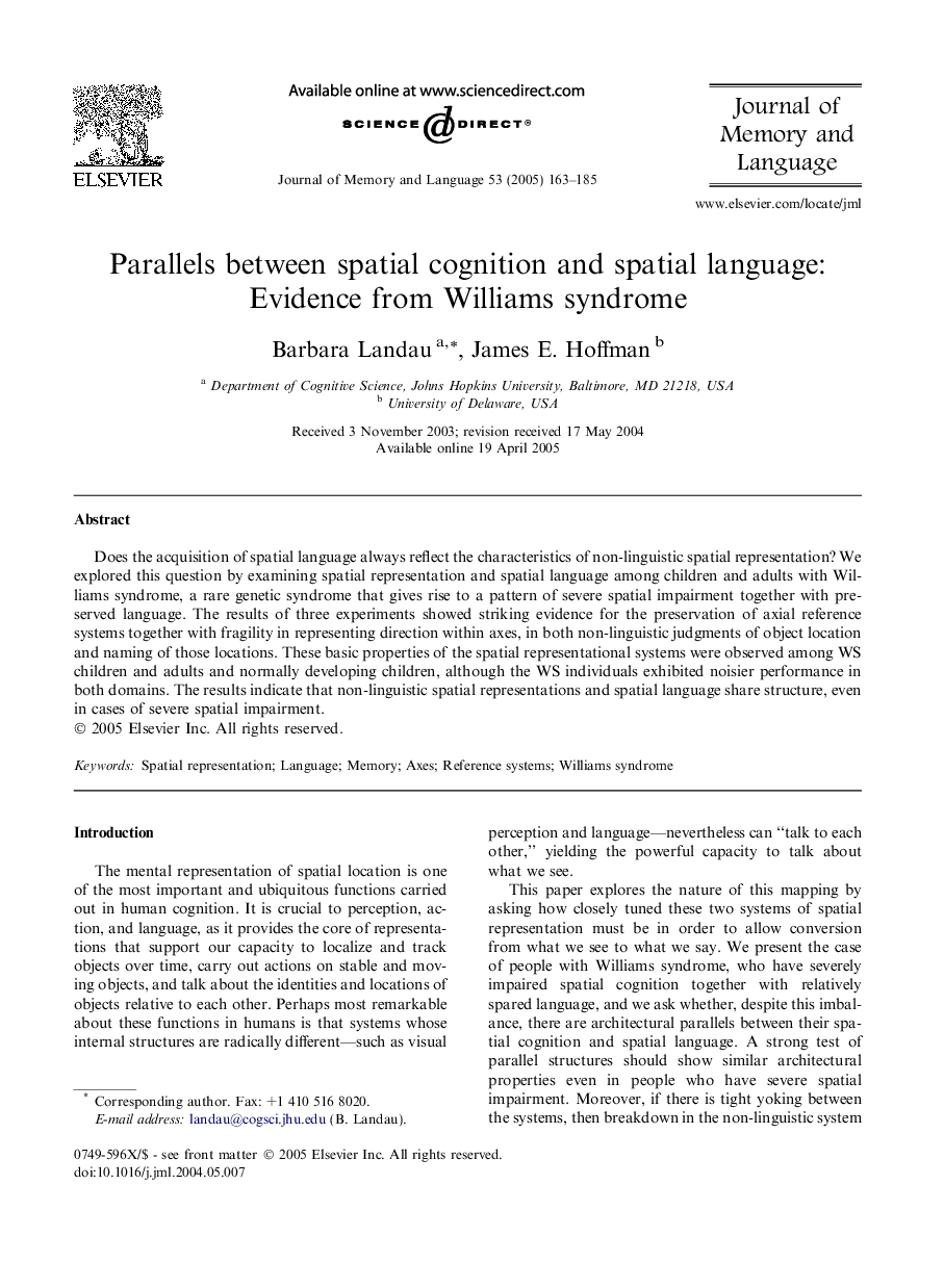 Parallels between spatial cognition and spatial language: Evidence from Williams syndrome