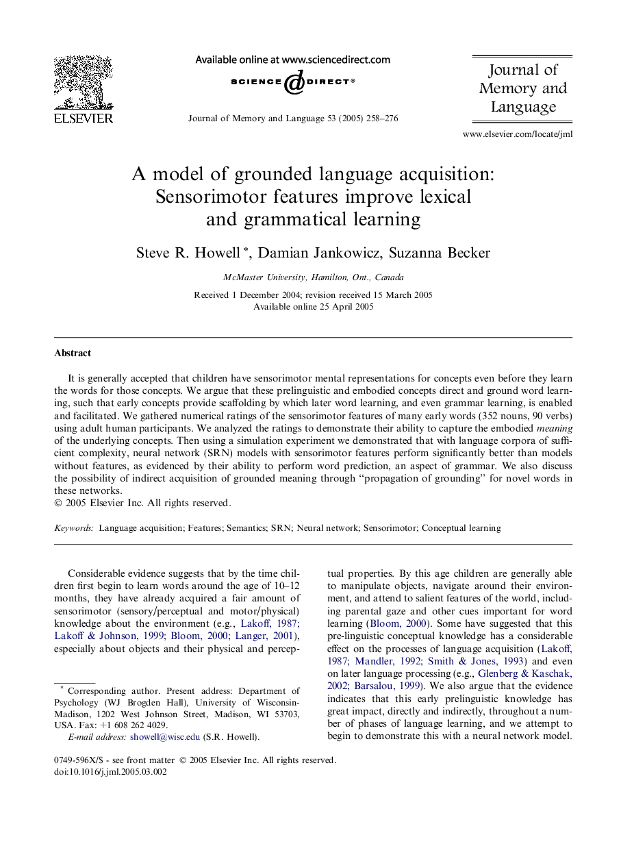 A model of grounded language acquisition: Sensorimotor features improve lexical and grammatical learning