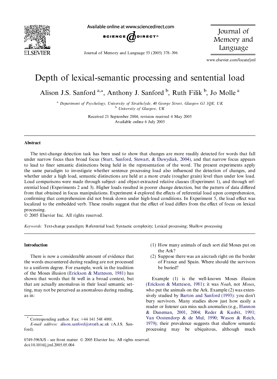 Depth of lexical-semantic processing and sentential load