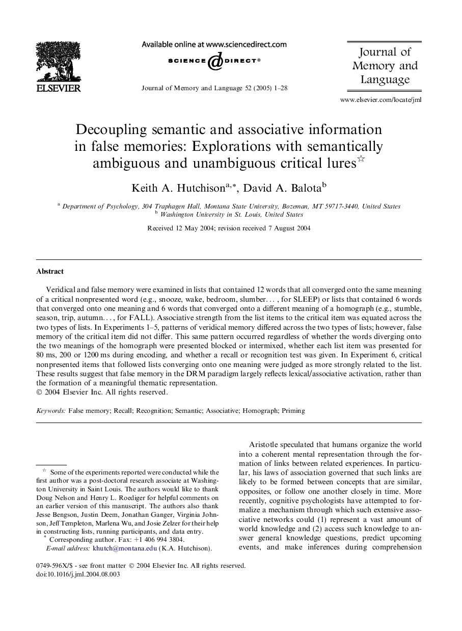 Decoupling semantic and associative information in false memories: Explorations with semantically ambiguous and unambiguous critical lures