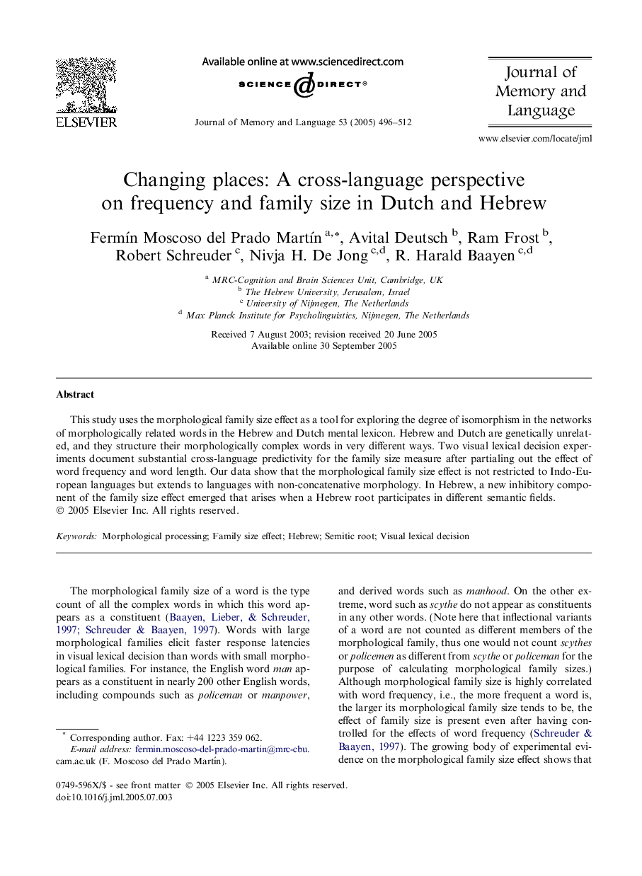 Changing places: A cross-language perspective on frequency and family size in Dutch and Hebrew