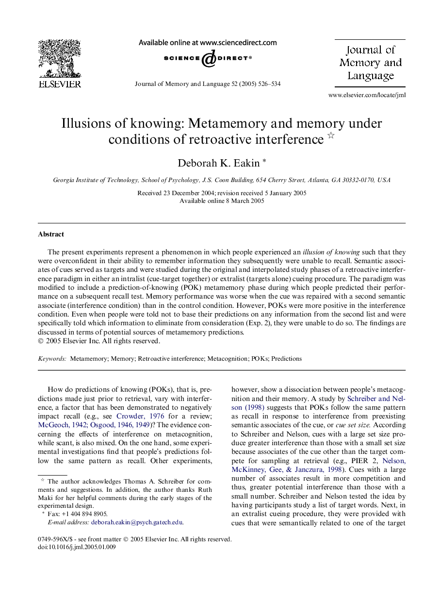 Illusions of knowing: Metamemory and memory under conditions of retroactive interference