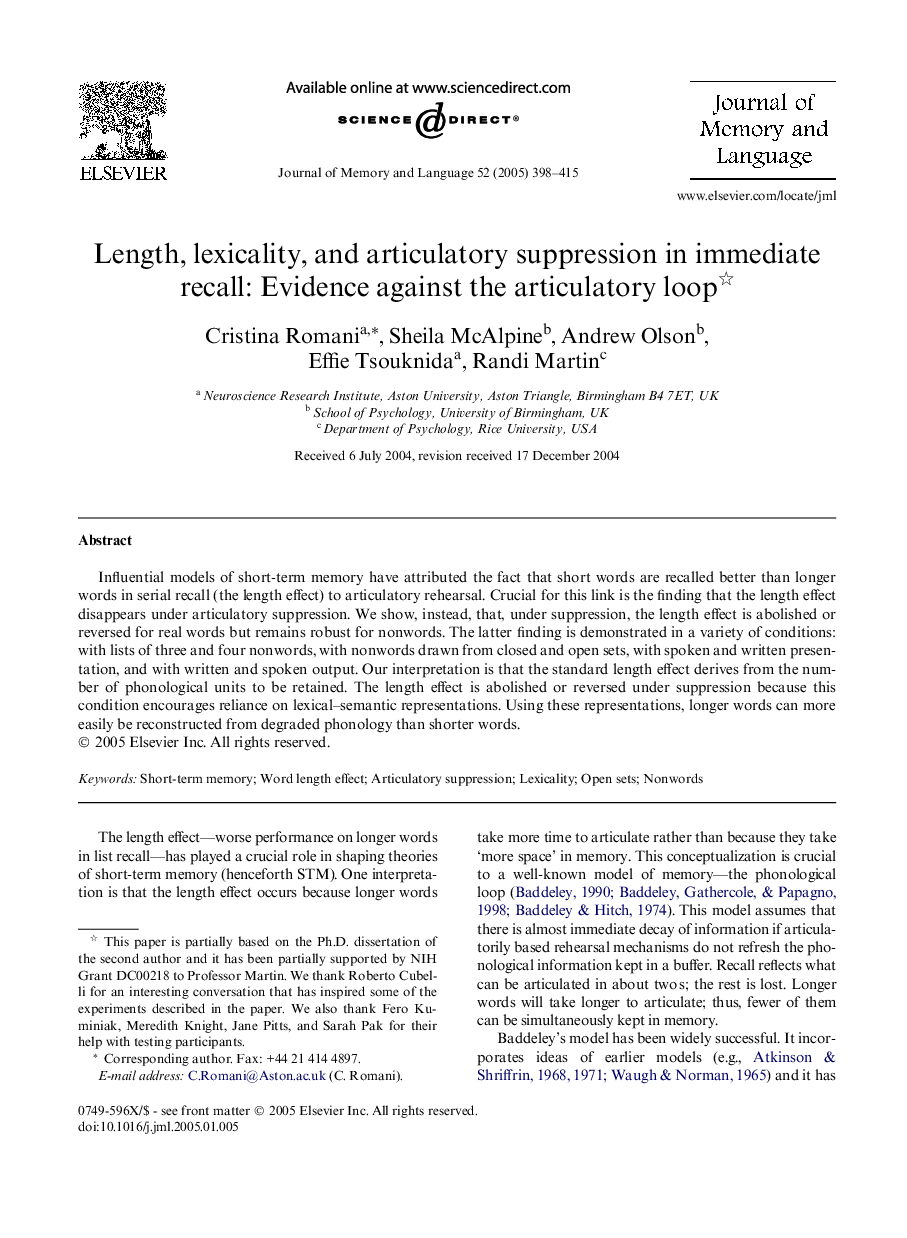 Length, lexicality, and articulatory suppression in immediate recall: Evidence against the articulatory loop