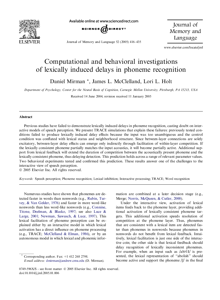 Computational and behavioral investigations of lexically induced delays in phoneme recognition