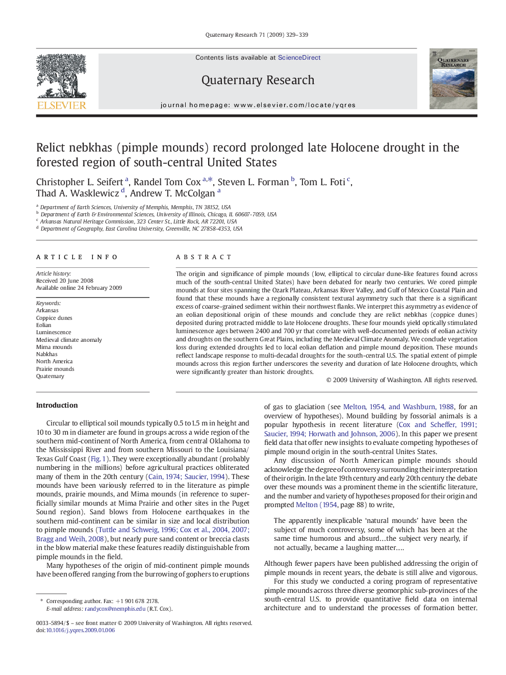 Relict nebkhas (pimple mounds) record prolonged late Holocene drought in the forested region of south-central United States