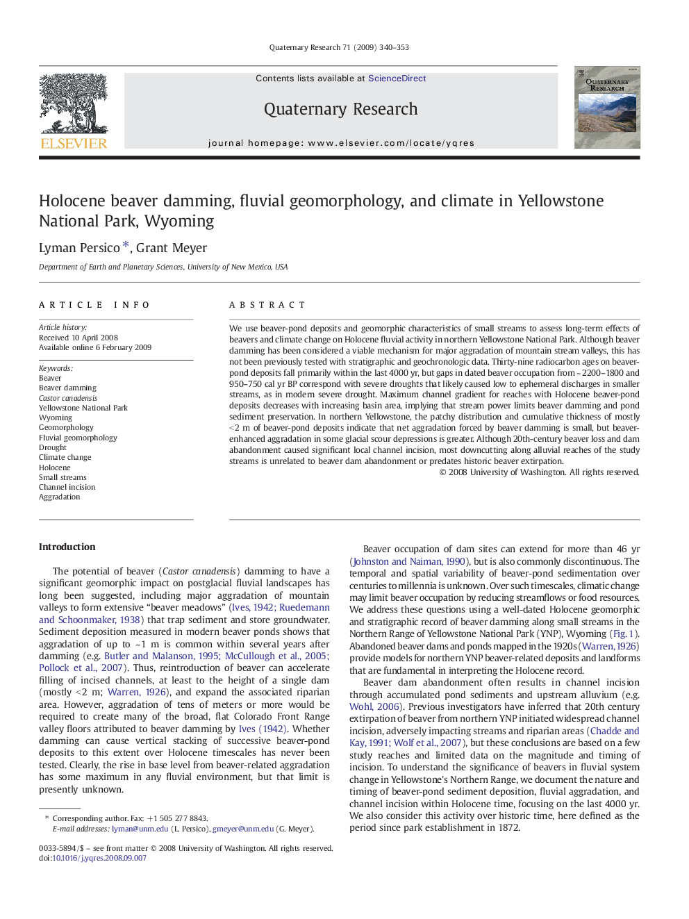 عکس صفحه اول مقاله: Holocene beaver damming, fluvial geomorphology, and climate in Yellowstone National Park, Wyoming Holocene beaver damming, fluvial geomorphology, and climate in Yellowstone National Park, Wyoming