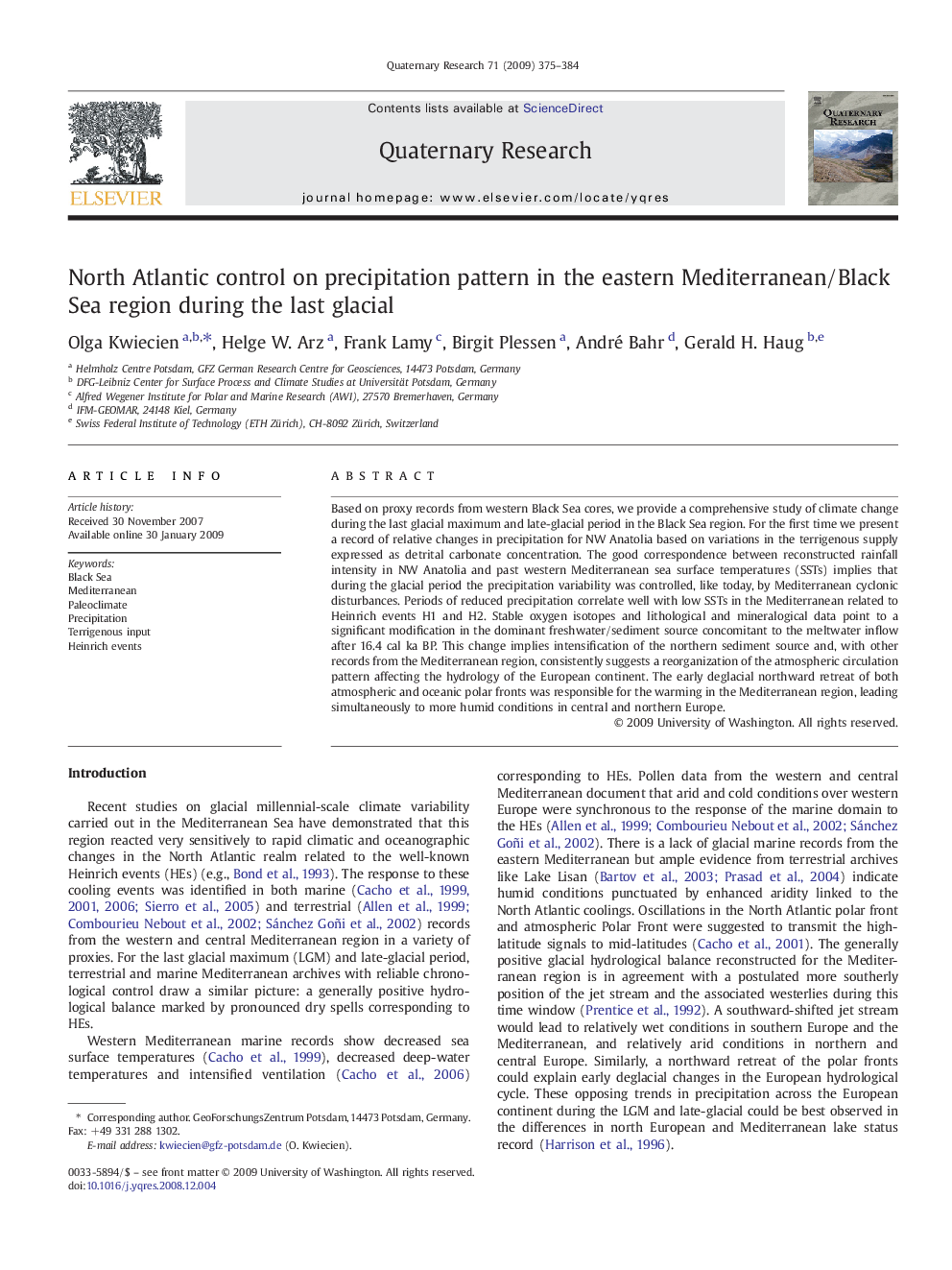 North Atlantic control on precipitation pattern in the eastern Mediterranean/Black Sea region during the last glacial