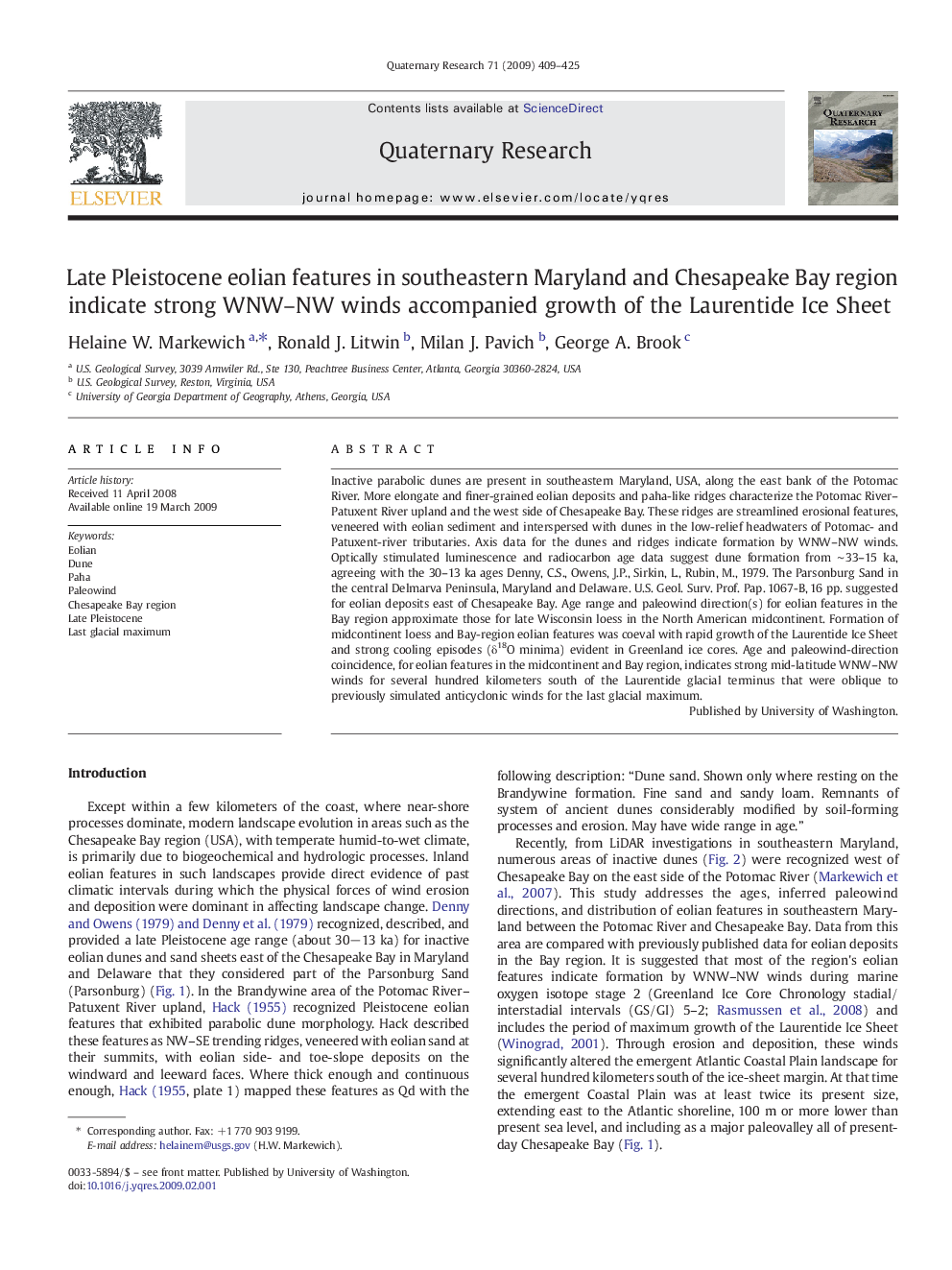 Late Pleistocene eolian features in southeastern Maryland and Chesapeake Bay region indicate strong WNW–NW winds accompanied growth of the Laurentide Ice Sheet