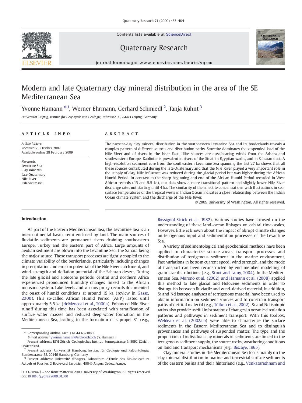 Modern and late Quaternary clay mineral distribution in the area of the SE Mediterranean Sea