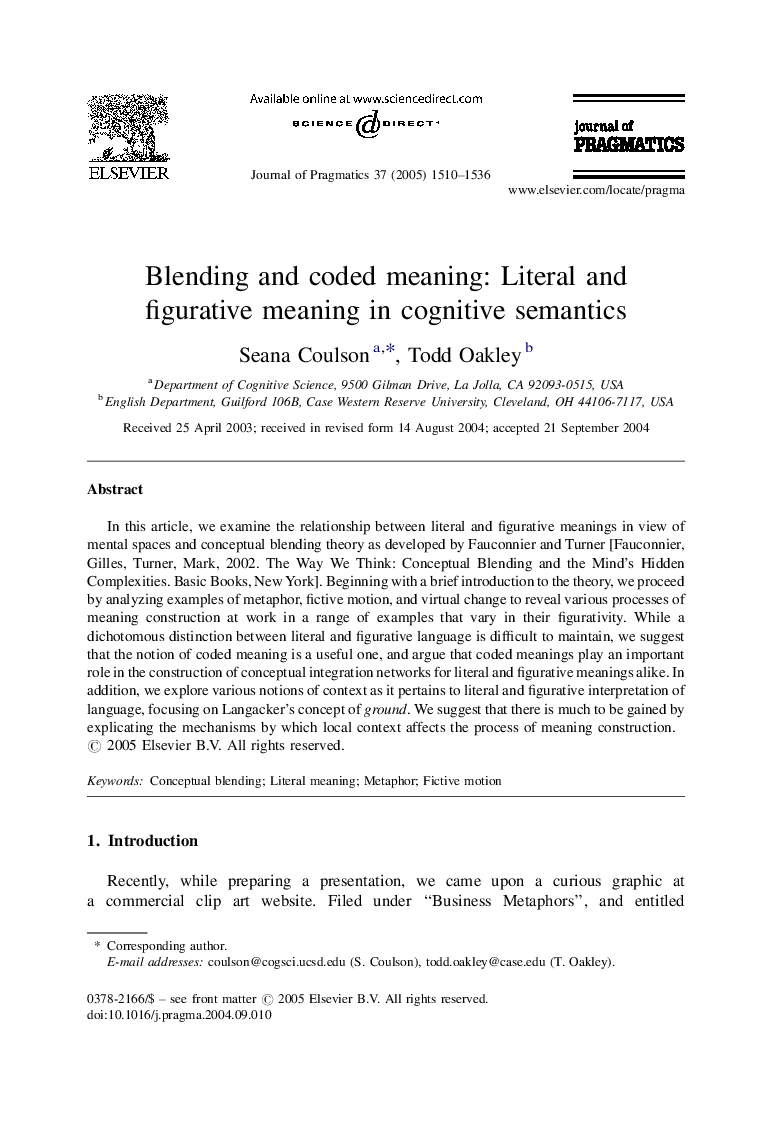 Blending and coded meaning: Literal and figurative meaning in cognitive semantics