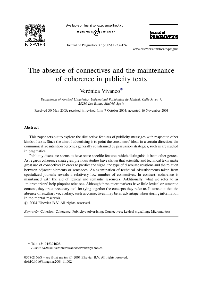 The absence of connectives and the maintenance of coherence in publicity texts