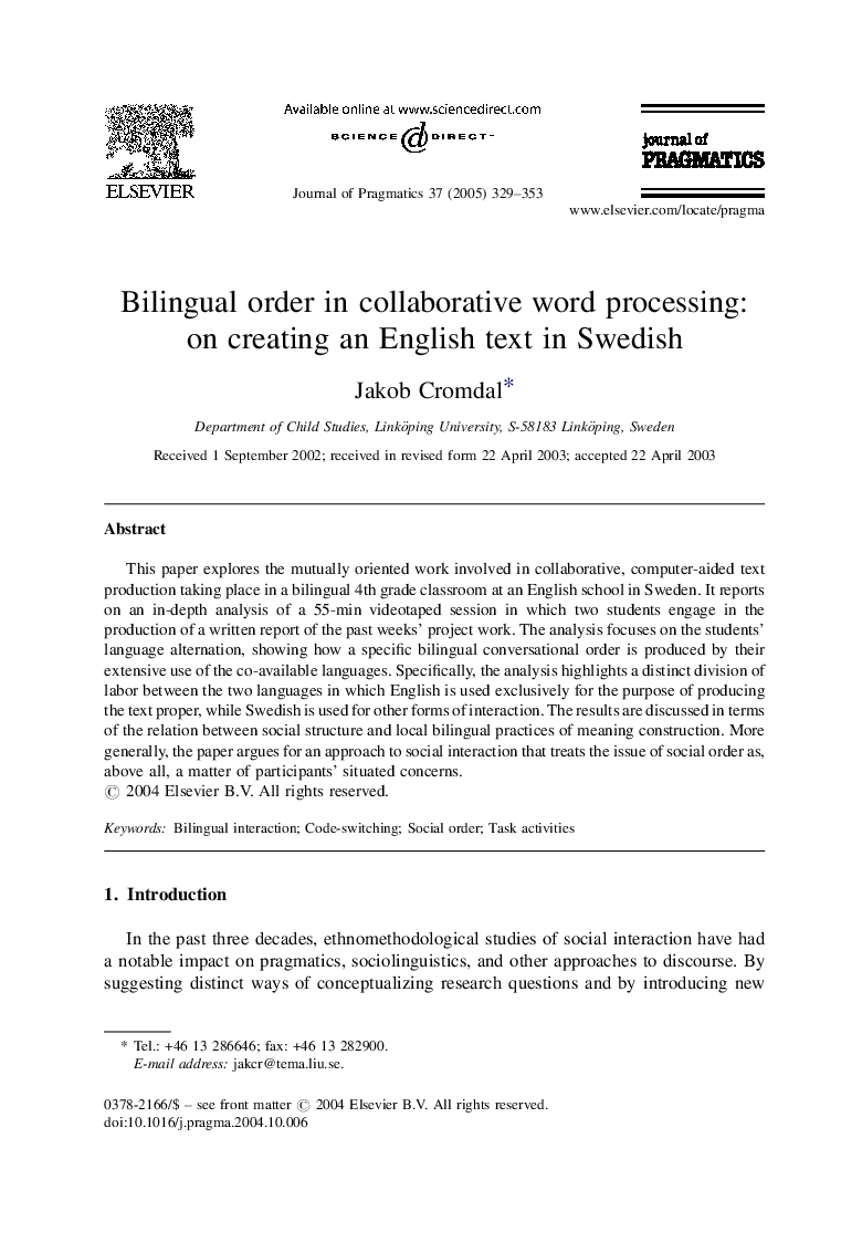 Bilingual order in collaborative word processing: on creating an English text in Swedish
