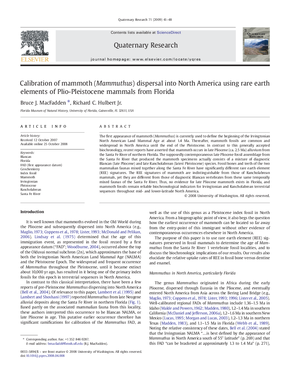 Calibration of mammoth (Mammuthus) dispersal into North America using rare earth elements of Plio-Pleistocene mammals from Florida