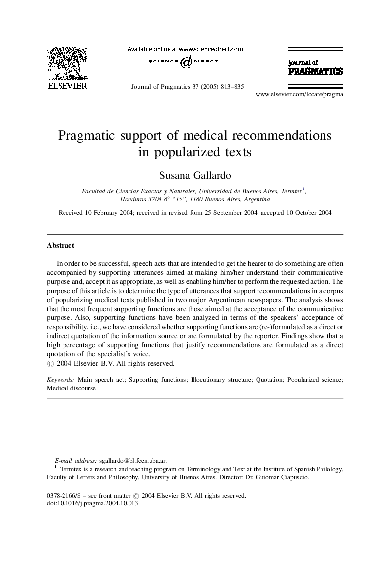 Pragmatic support of medical recommendations in popularized texts