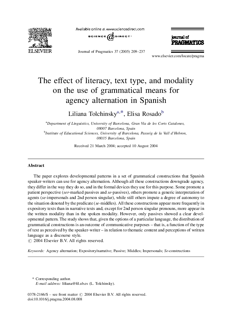 The effect of literacy, text type, and modality on the use of grammatical means for agency alternation in Spanish