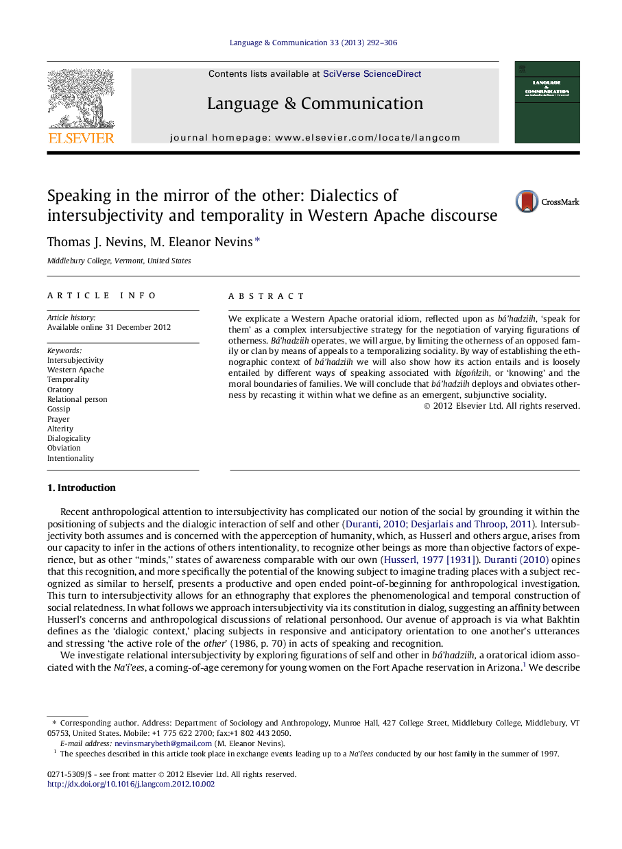 Speaking in the mirror of the other: Dialectics of intersubjectivity and temporality in Western Apache discourse