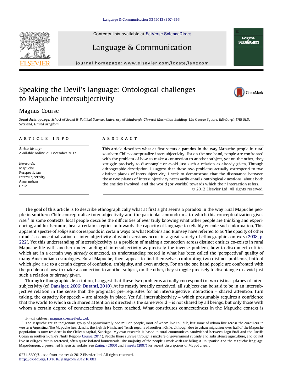 Speaking the Devil's language: Ontological challenges to Mapuche intersubjectivity