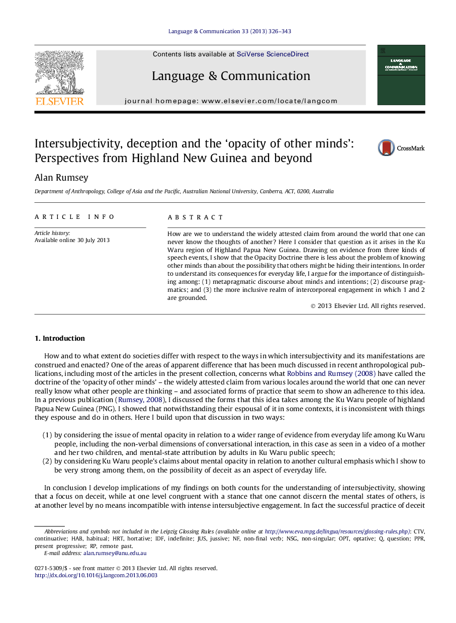 Intersubjectivity, deception and the 'opacity of other minds': Perspectives from Highland New Guinea and beyond