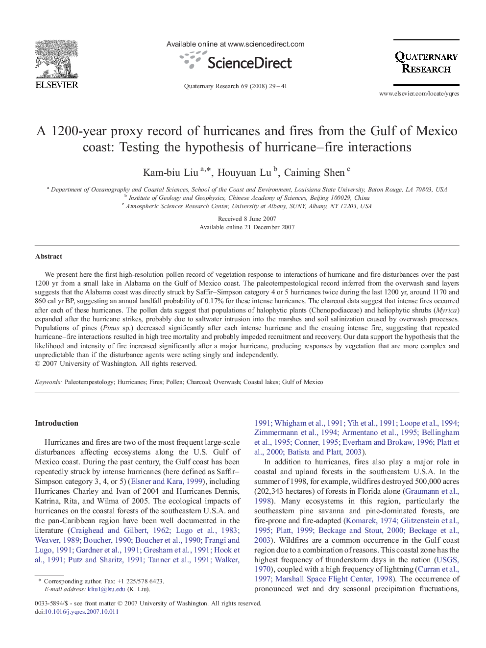 A 1200-year proxy record of hurricanes and fires from the Gulf of Mexico coast: Testing the hypothesis of hurricane–fire interactions