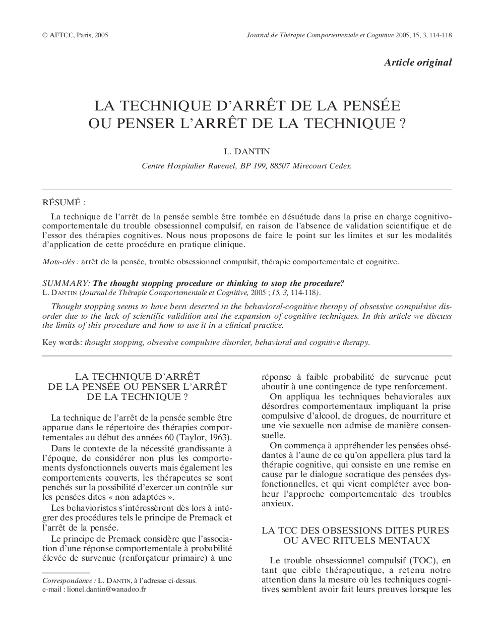 La technique d'arrÃªt de la pensée ou penser l'arrÃªt de la technique ?