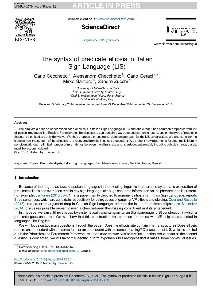 The syntax of predicate ellipsis in Italian Sign Language (LIS)