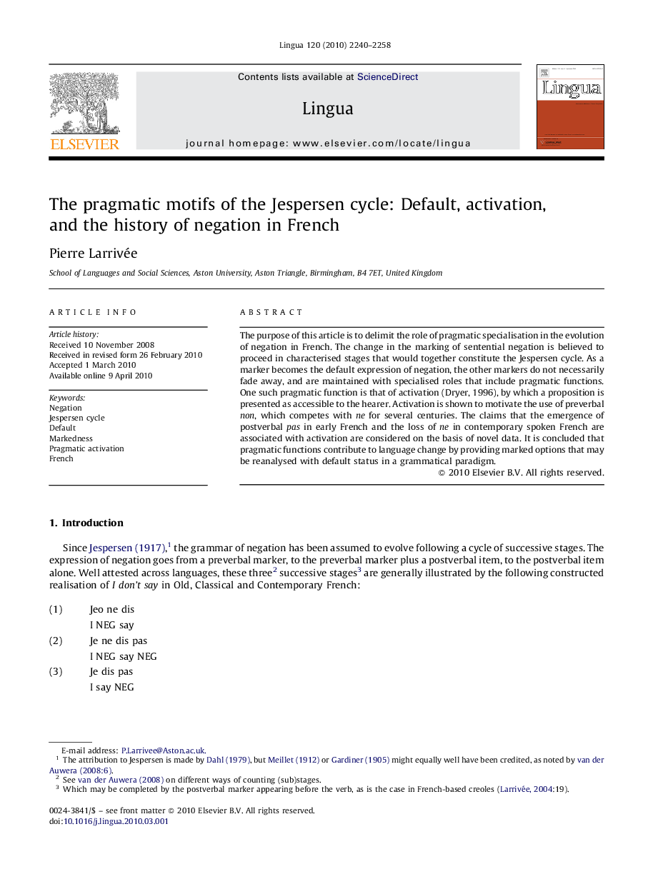 The pragmatic motifs of the Jespersen cycle: Default, activation, and the history of negation in French