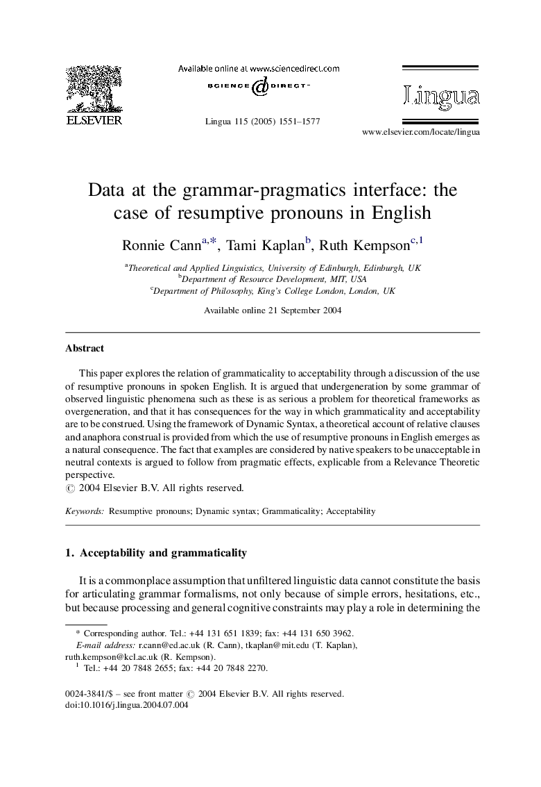 Data at the grammar-pragmatics interface: the case of resumptive pronouns in English