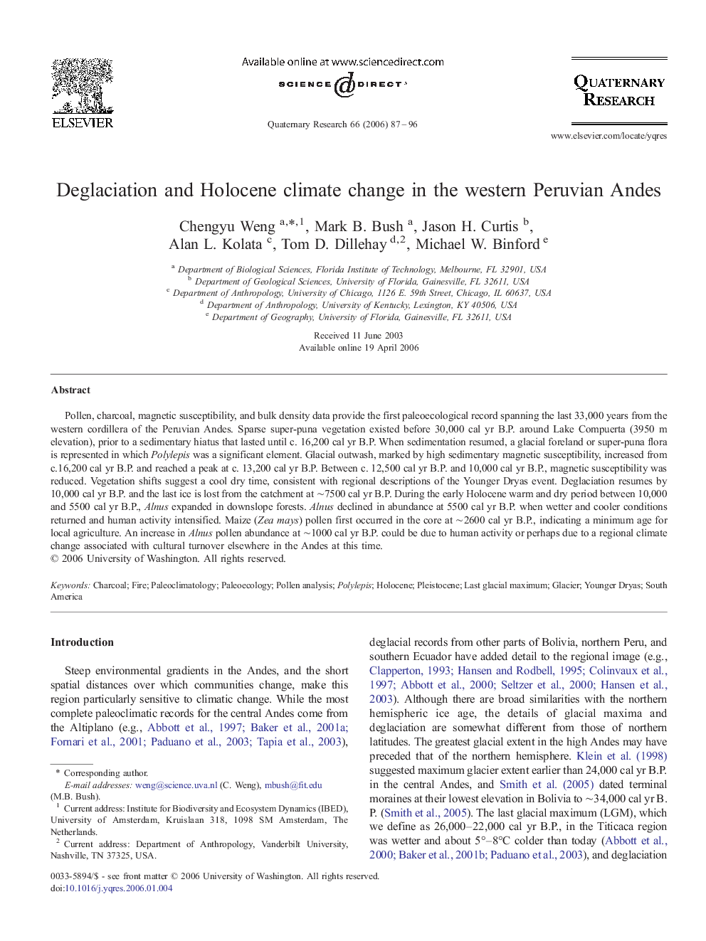 Deglaciation and Holocene climate change in the western Peruvian Andes