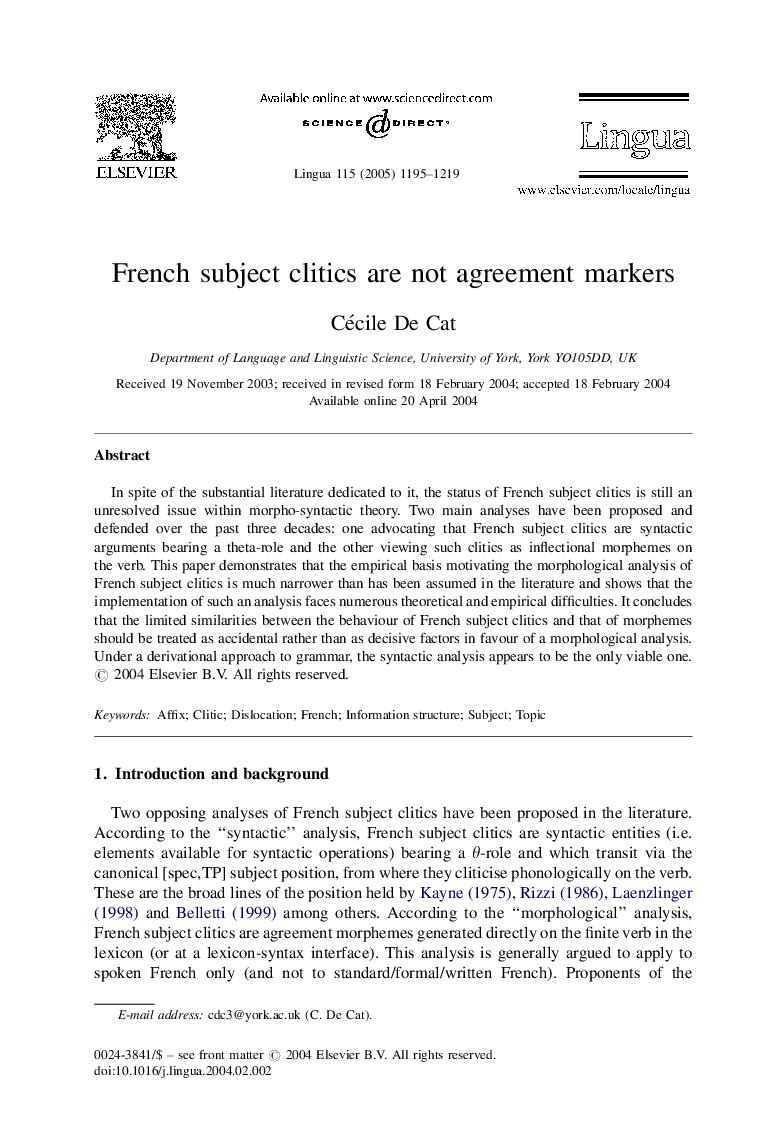 French subject clitics are not agreement markers