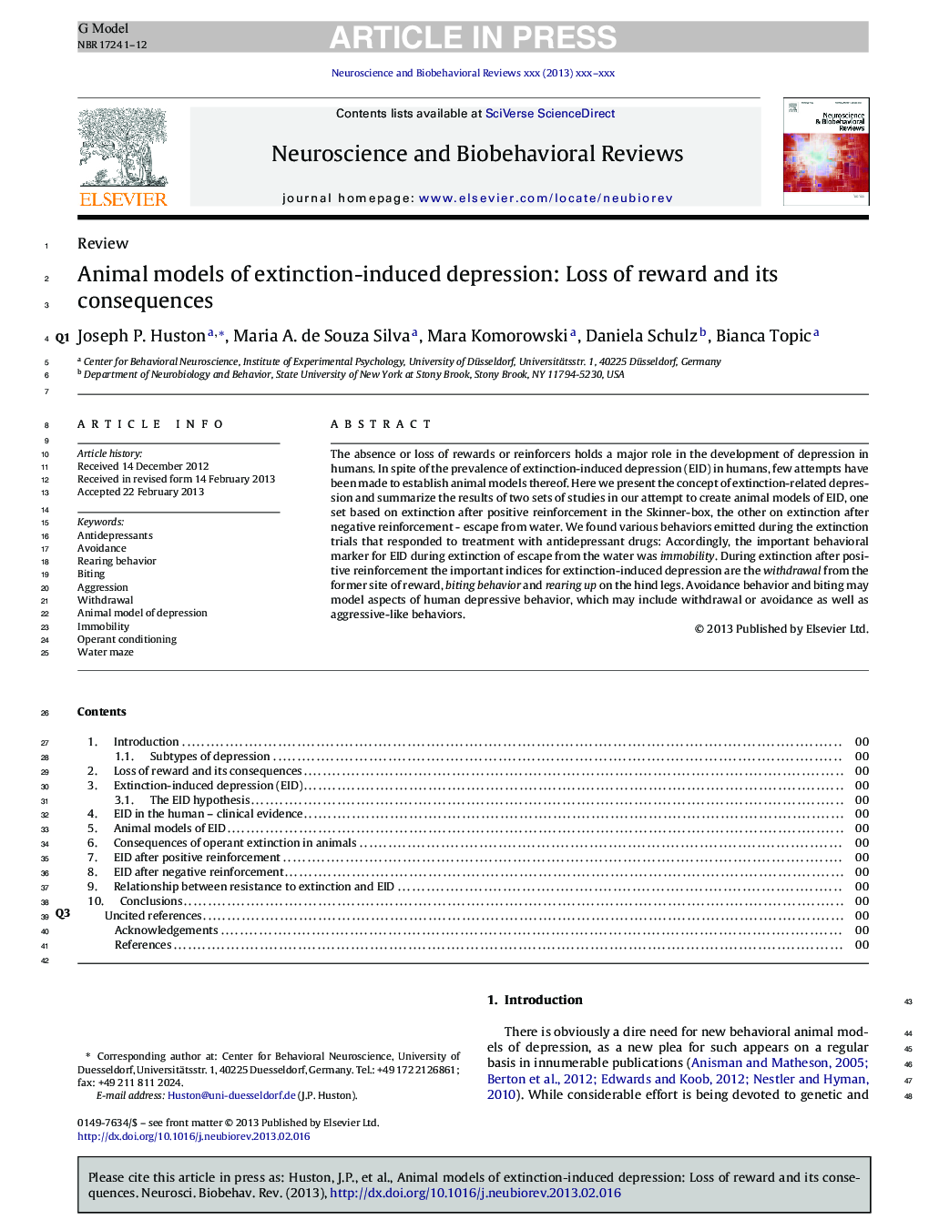 Animal models of extinction-induced depression: Loss of reward and its consequences