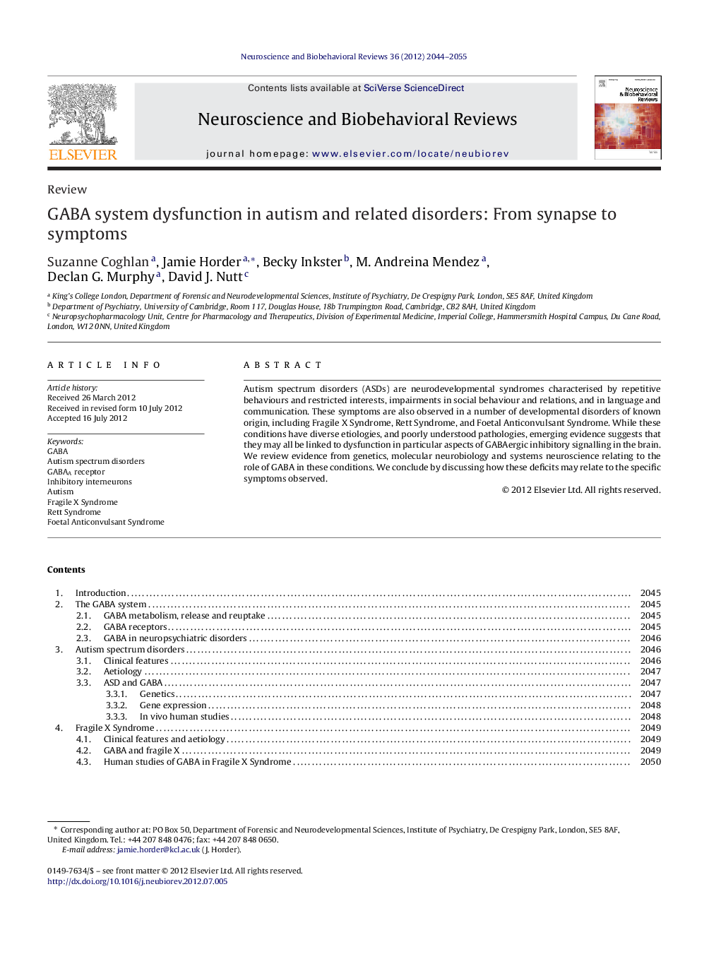 GABA system dysfunction in autism and related disorders: From synapse to symptoms