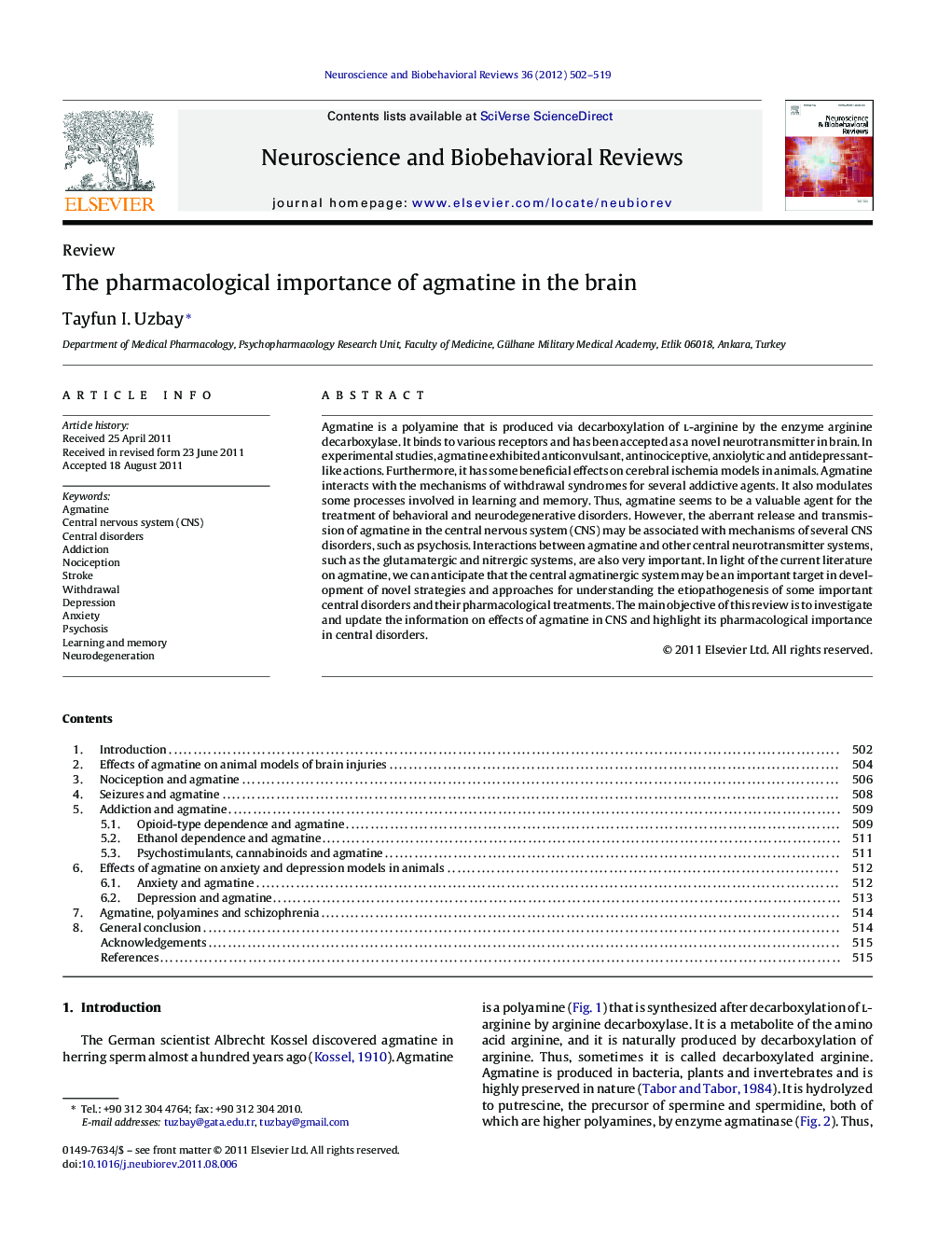 The pharmacological importance of agmatine in the brain