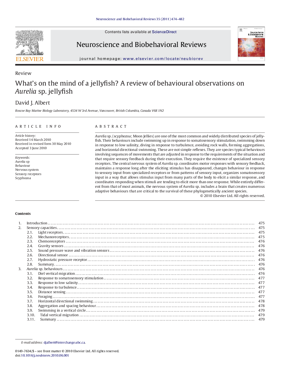 What's on the mind of a jellyfish? A review of behavioural observations on Aurelia sp. jellyfish