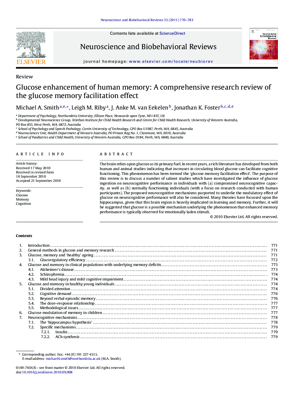 Glucose enhancement of human memory: A comprehensive research review of the glucose memory facilitation effect