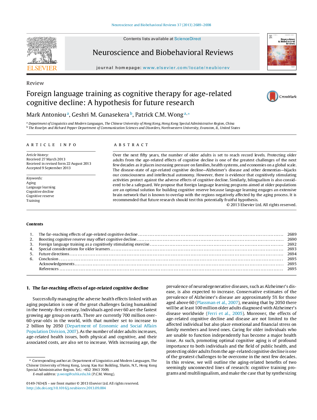 Foreign language training as cognitive therapy for age-related cognitive decline: A hypothesis for future research