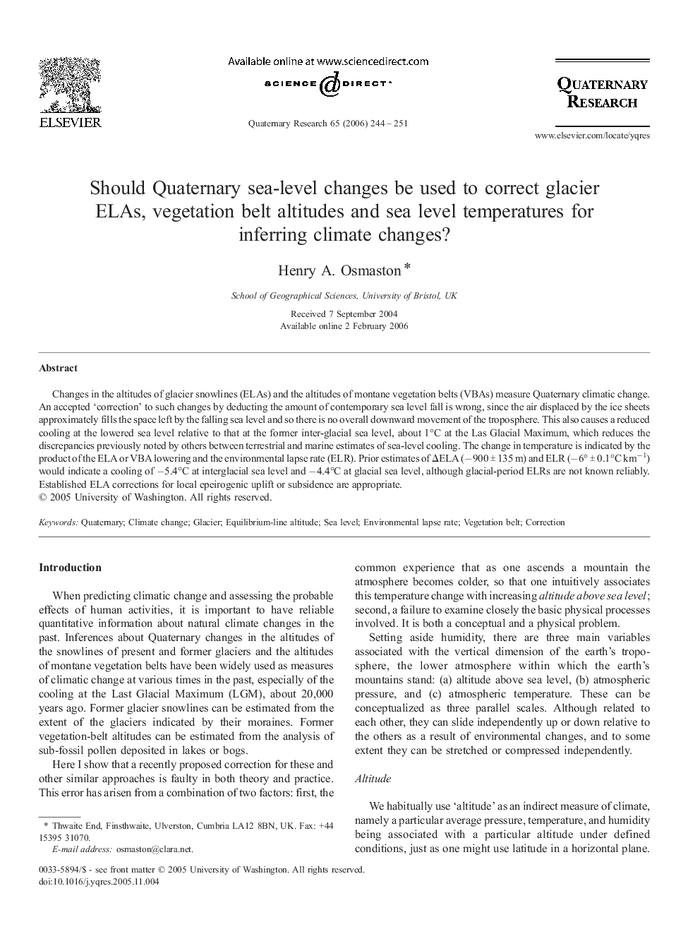 Should Quaternary sea-level changes be used to correct glacier ELAs, vegetation belt altitudes and sea level temperatures for inferring climate changes?