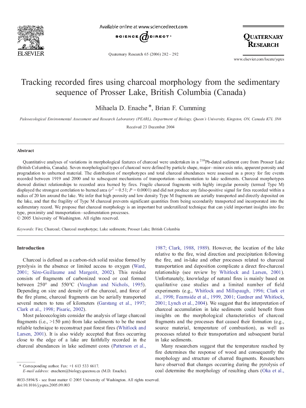 Tracking recorded fires using charcoal morphology from the sedimentary sequence of Prosser Lake, British Columbia (Canada)