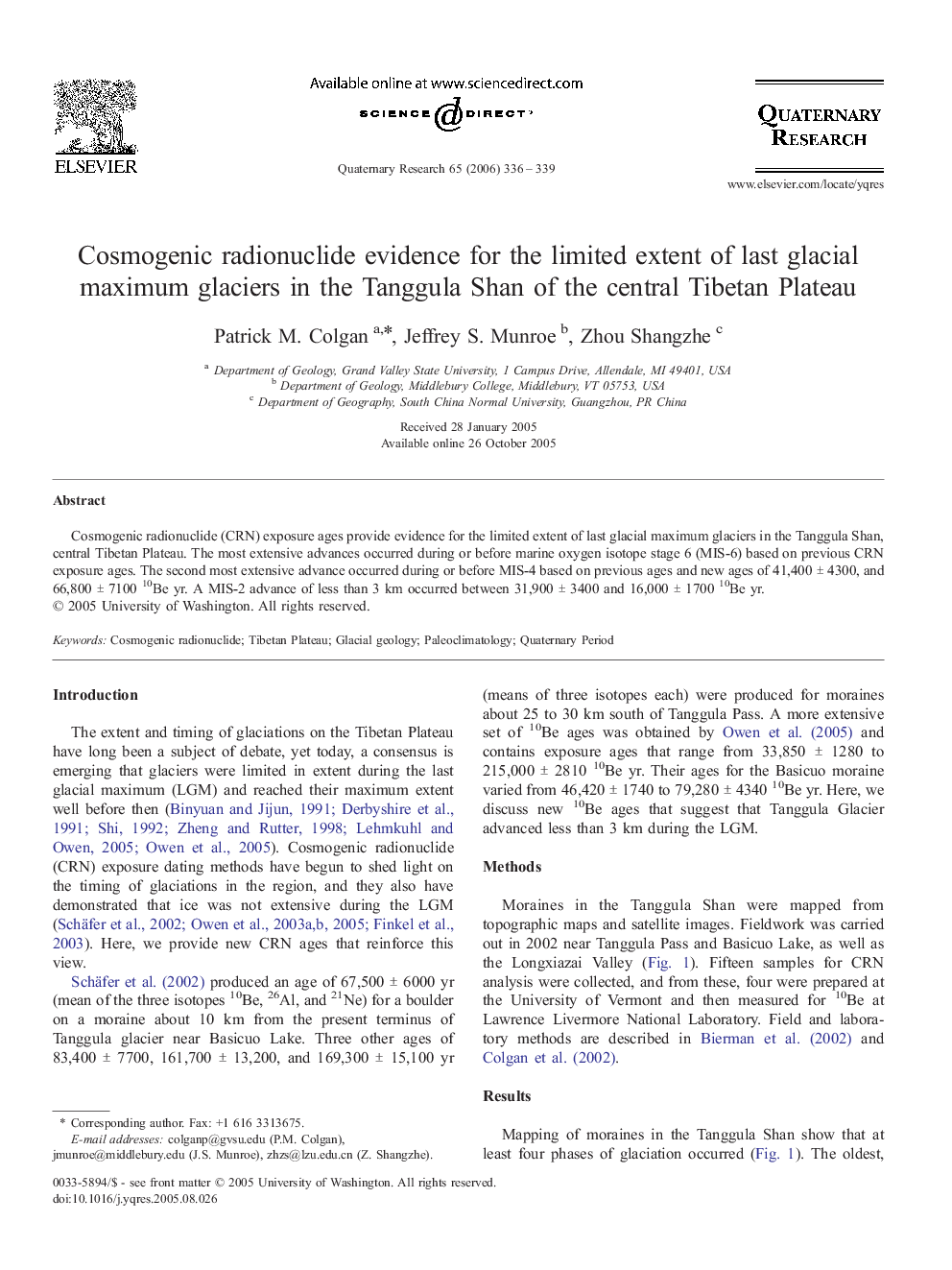 عکس صفحه اول مقاله: Cosmogenic radionuclide evidence for the limited extent of last glacial maximum glaciers in the Tanggula Shan of the central Tibetan Plateau Cosmogenic radionuclide evidence for the limited extent of last glacial maximum glaciers in the Tanggula Shan of the central Tibetan Plateau