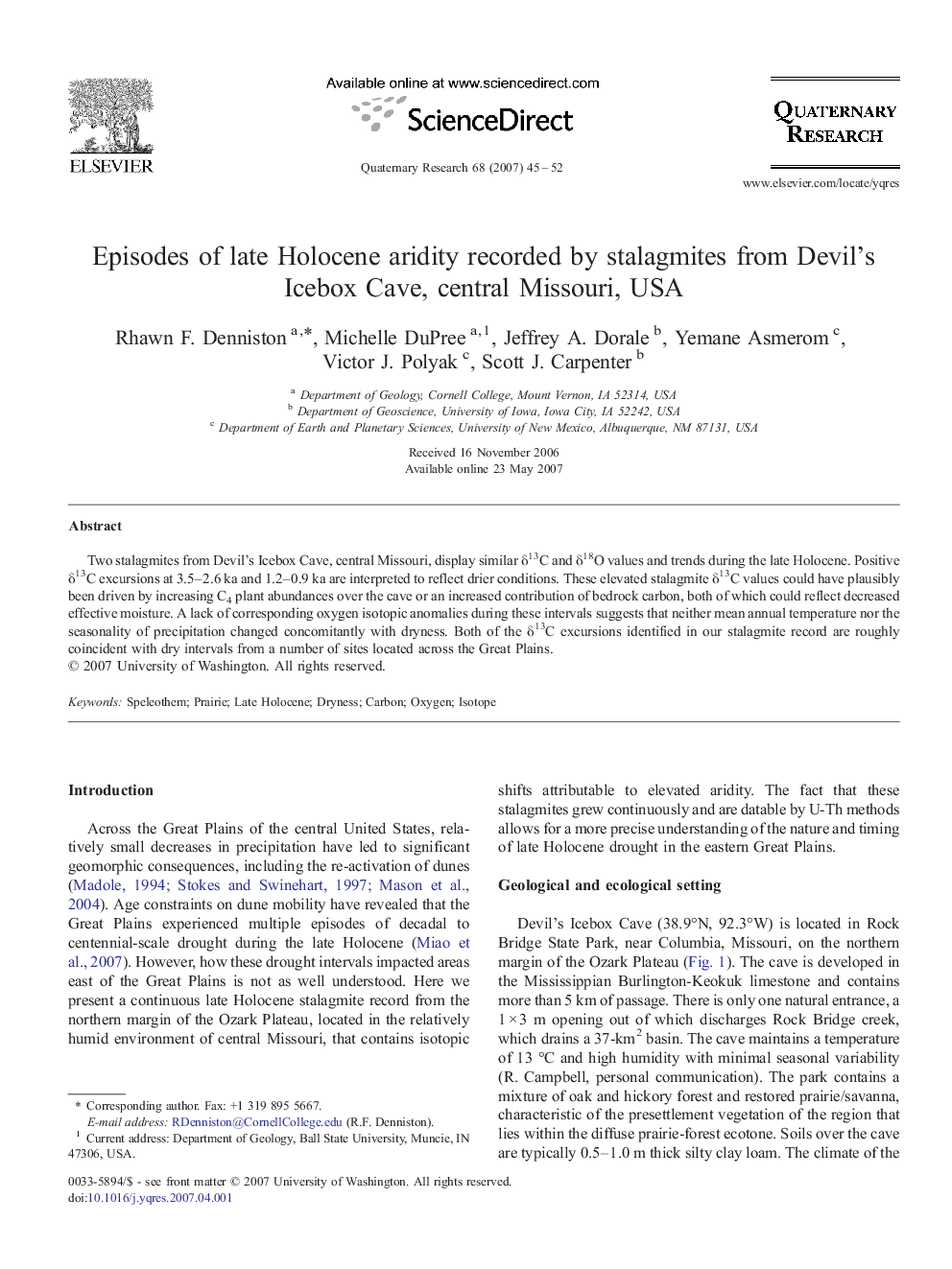 Episodes of late Holocene aridity recorded by stalagmites from Devil's Icebox Cave, central Missouri, USA