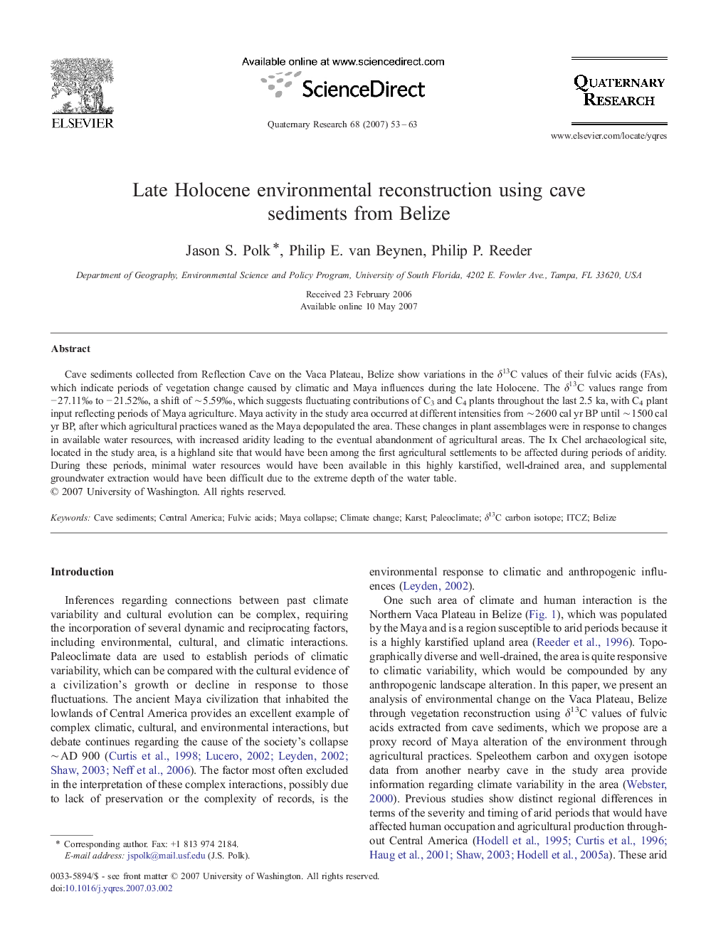 Late Holocene environmental reconstruction using cave sediments from Belize