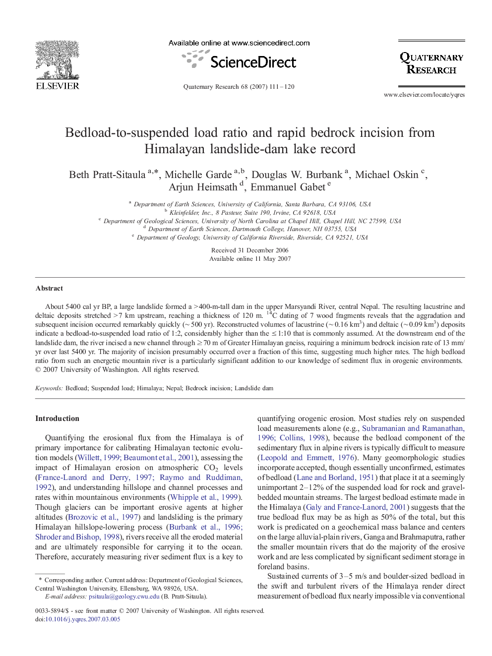 Bedload-to-suspended load ratio and rapid bedrock incision from Himalayan landslide-dam lake record