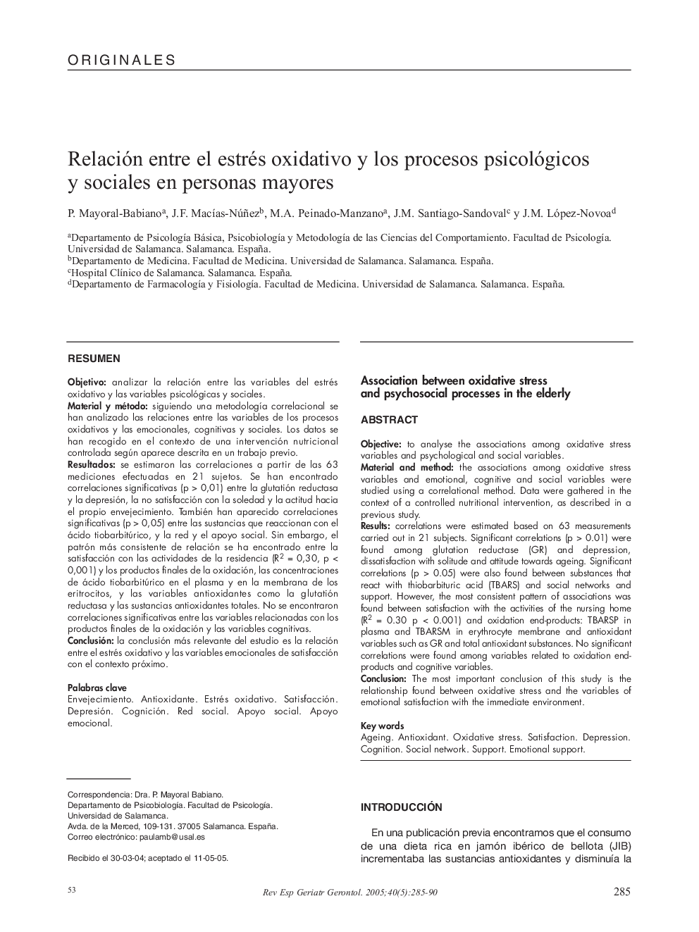 Relación entre el estrés oxidativo y los procesos psicológicos y sociales en personas mayores