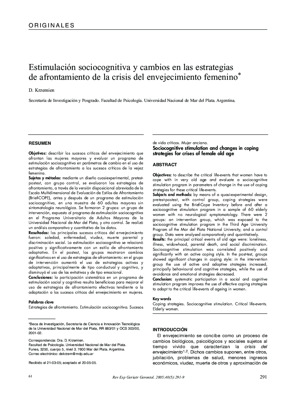Estimulación sociocognitiva y cambios en las estrategias de afrontamiento de la crisis del envejecimiento femenino
