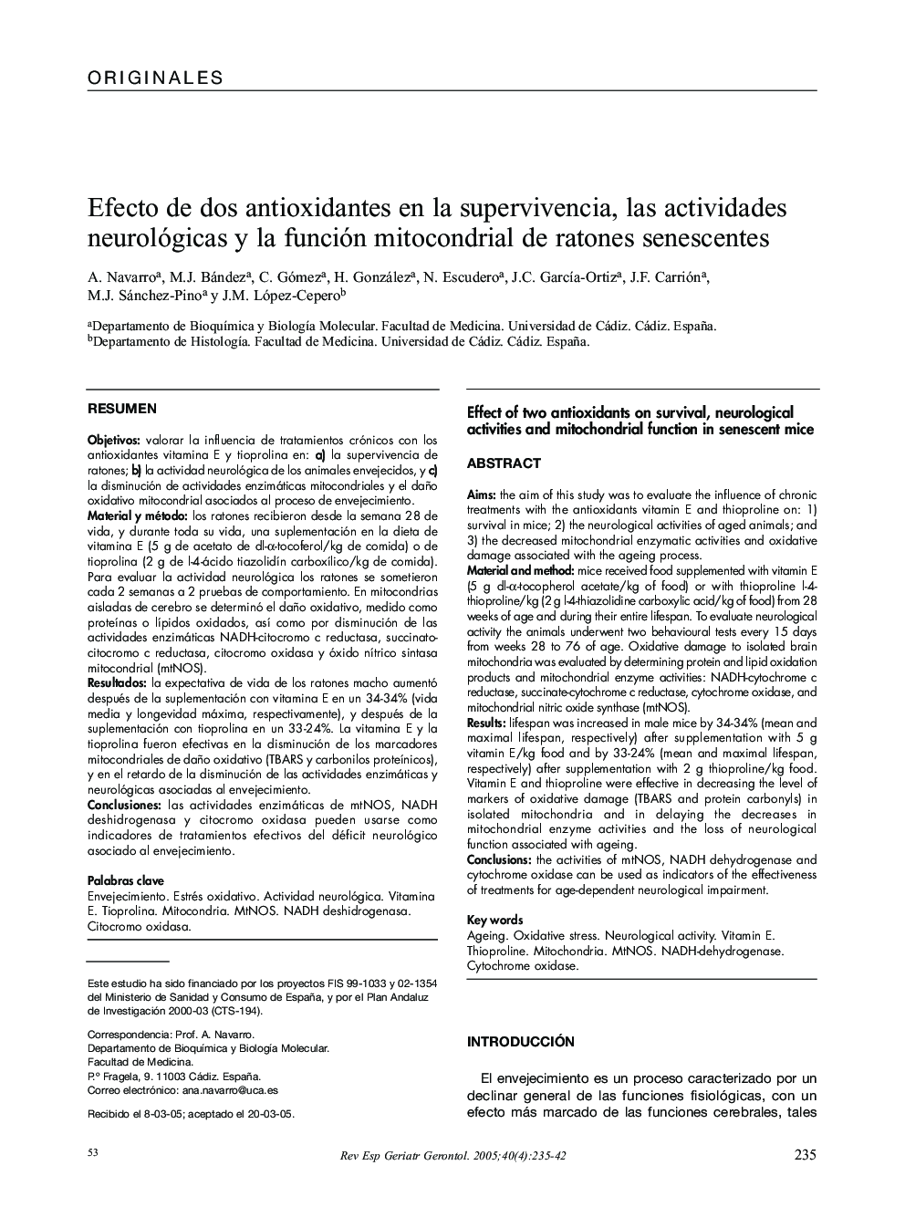 Efecto de dos antioxidantes en la supervivencia, las actividades neurológicas y la función mitocondrial de ratones senescentes