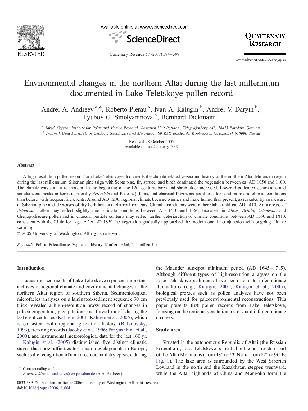 Environmental changes in the northern Altai during the last millennium documented in Lake Teletskoye pollen record